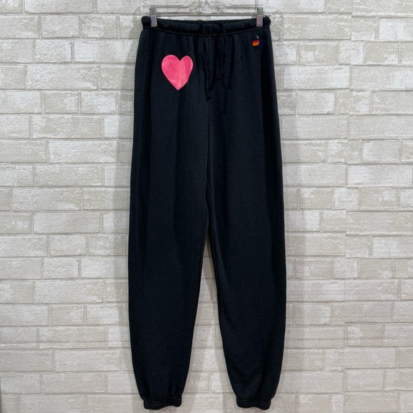 Aviator Nation Pants - AVIATOR NATION Glitter Heart Sweatpants - Charcoal / Neon Pink  - Sz - Medium